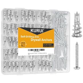 KURUI Zinc Self-Drilling Drywall Anchors, 116PCs Hollow Metal Wall Anchors and Screws Kit, 58 Heavy Duty Anchors + 58#6 x 1-1/4'' Screws, 50LB Hanging and Mounting