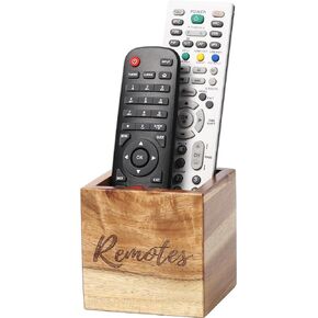 Remote Control Holder, Acacia Wooden Tv Remote Holder, Remote Holder for Table, Remote Control Storage Organizer Caddy (for 2 or 3 Remote Controls) 3.5 x3.5x3.5