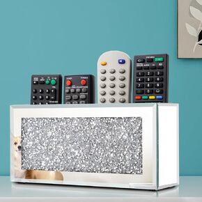 Pibeyer Mirrored Remote Control Holder, Crushed Diamond Remote Organizer Wall Mount, Silver Bling Decoration Organizer Storage Box