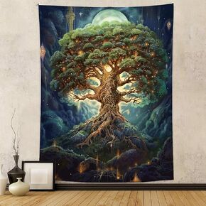 Tree of Life Tapestry for Bedroom Aesthetic Moon Star Galaxy Forest Nature Tapestry Wall Hanging Boho Plant Vertical Wall Tapestry for Bedroom Living Room Dorm (60 x 50 inches)