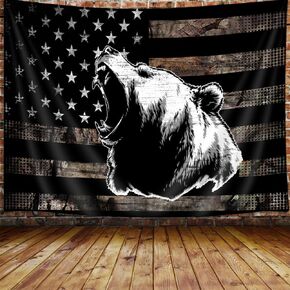 Country American Flag Fishing Tapestry, Rustic Hunting Camo Bass Fish Lake Black and White Tapestry Wall Hanging for Men Bedroom, Cabin Tapestries Poster Blanket College Dorm Home Decor 60X40inches