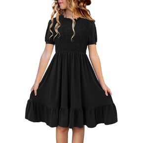 storeofbaby Girls Casual Dress Summer Puff Short Sleeve Smocked Ruffle Dresses 5-14 Years