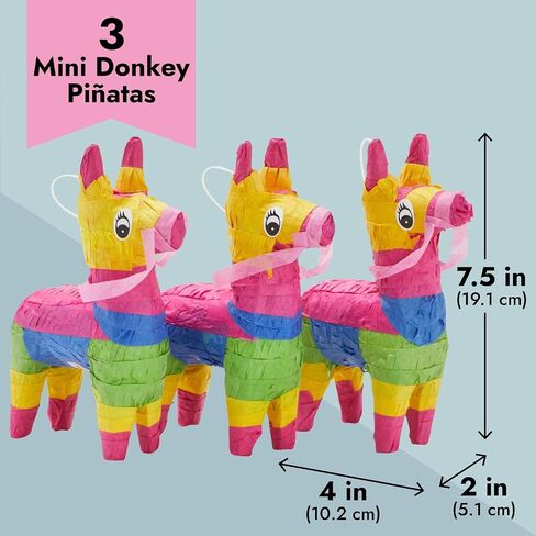 Juvale Mini Donkey Pinata - 3 عبوات بيناتا مكسيكية صغيرة لسينكو دي مايو، والمهرجانات المكسيكية، وحفلات أعياد الميلاد (4 × 7.5 × 2 بوصة) in Saudi Arabia