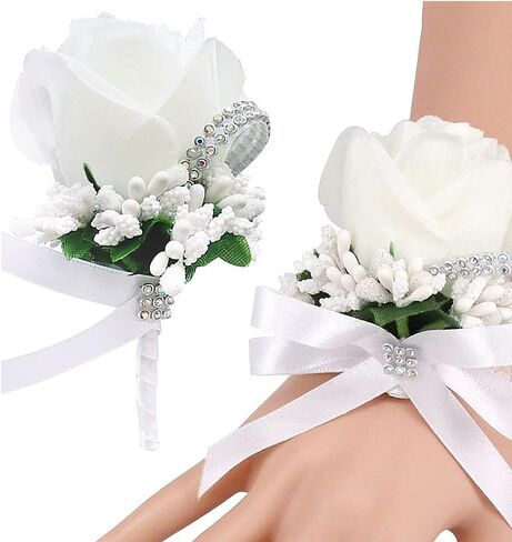 WANLIAN Rose Wrist Corsage Bridesmaid Corsage and Boutonniere Set for Wedding Prom Party Hand Flower Decoration Set of 2 (White01) in Saudi Arabia