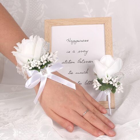 WANLIAN Rose Wrist Corsage Bridesmaid Corsage and Boutonniere Set for Wedding Prom Party Hand Flower Decoration Set of 2 (White01) in Saudi Arabia