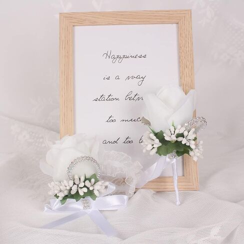 WANLIAN Rose Wrist Corsage Bridesmaid Corsage and Boutonniere Set for Wedding Prom Party Hand Flower Decoration Set of 2 (White01) in Saudi Arabia