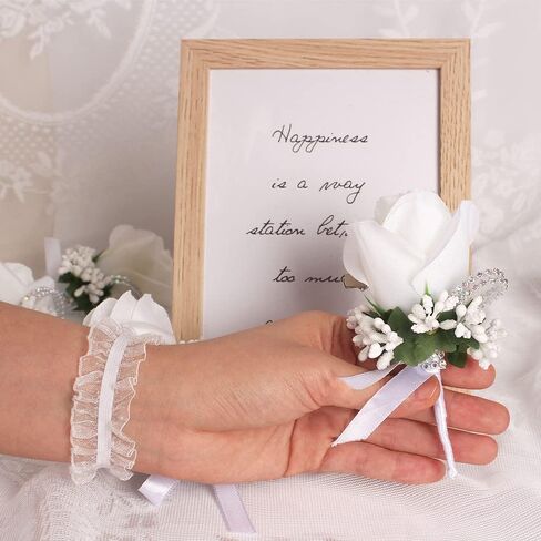 WANLIAN Rose Wrist Corsage Bridesmaid Corsage and Boutonniere Set for Wedding Prom Party Hand Flower Decoration Set of 2 (White01) in Saudi Arabia