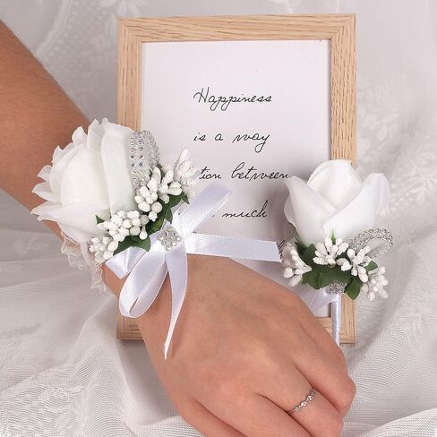 WANLIAN Rose Wrist Corsage Bridesmaid Corsage and Boutonniere Set for Wedding Prom Party Hand Flower Decoration Set of 2 (White01) in Saudi Arabia