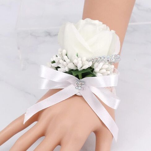 WANLIAN Rose Wrist Corsage Bridesmaid Corsage and Boutonniere Set for Wedding Prom Party Hand Flower Decoration Set of 2 (White01) in Saudi Arabia