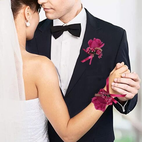 WANLIAN Rose Wrist Corsage Bridesmaid Corsage and Boutonniere Set for Wedding Prom Party Hand Flower Decoration Set of 2 (White01) in Saudi Arabia