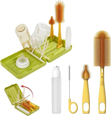 Travel Bottle Cleaner Kit with Extendable Liquid Silicone Bottle Brush, Nipple Brush, Straw Brush, Soap Dispenser, Drying Rack and Organizer Box, BPA Free - Blue in Saudi Arabia