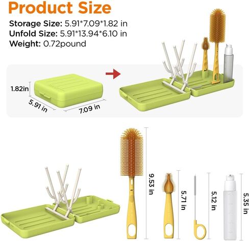 Travel Bottle Cleaner Kit with Extendable Liquid Silicone Bottle Brush, Nipple Brush, Straw Brush, Soap Dispenser, Drying Rack and Organizer Box, BPA Free - Blue in Saudi Arabia
