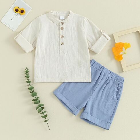 Karuedoo Toddler Baby Boy Clothes Cotton Linen Outfit Button Up Short Sleeve Henley Shirts and Shorts Set Cute Summer Clothes in Kuwait