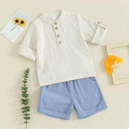 Karuedoo Toddler Baby Boy Clothes Cotton Linen Outfit Button Up Short Sleeve Henley Shirts and Shorts Set Cute Summer Clothes in Kuwait
