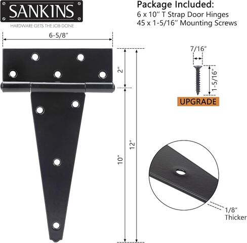 8 Inch T-Strap Shed Door Hinges Heavy Duty, Black Tee Hinge for Wooden Fences, Yard Door, Barn Door Gates, Wrought Hardware Rustproof, 2PCS in Kuwait
