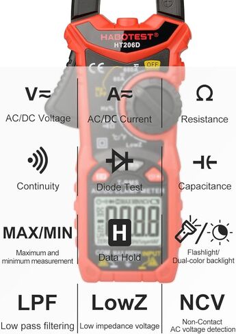 HT206D مقياس المشبك الرقمي من HABOTEST T-RMS 6000 عدد، جهاز قياس الجهد الكهربائي المتعدد المدى التلقائي، يقيس مقاومة سعة درجة حرارة الجهد الحالي (تيار تيار متردد/تيار مستمر) in Kuwait