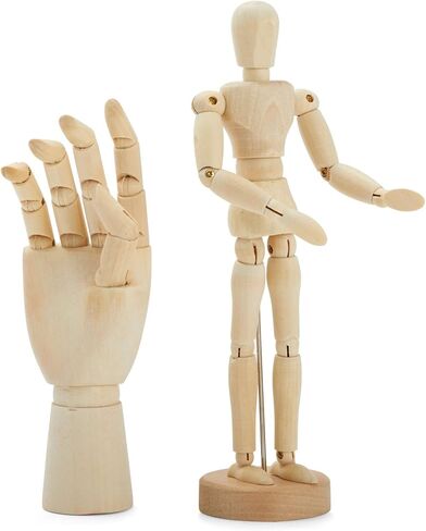 7" Wooden Hand Model and 8" Posable Wooden Mannequin Figure for Drawing, Adjustable Art Supplies (2-Piece) in Saudi Arabia