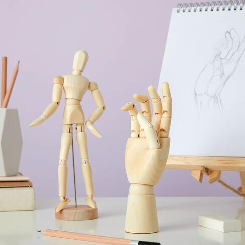 7" Wooden Hand Model and 8" Posable Wooden Mannequin Figure for Drawing, Adjustable Art Supplies (2-Piece) in Saudi Arabia