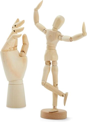 7" Wooden Hand Model and 8" Posable Wooden Mannequin Figure for Drawing, Adjustable Art Supplies (2-Piece) in Saudi Arabia