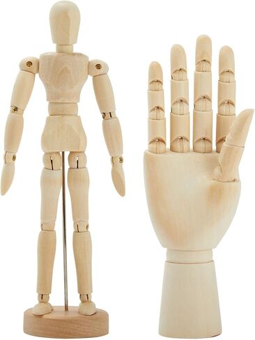 7" Wooden Hand Model and 8" Posable Wooden Mannequin Figure for Drawing, Adjustable Art Supplies (2-Piece) in Saudi Arabia