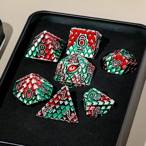 Metal Dice Set D&D,7 PCS Dragon Scale Metallic DND Dice Set,Dragon Eye Metal Dice with Gift Metal Box for Dungeons and Dragon Tabletop Game (Black Dragon Scale & Red Eye) in Saudi Arabia