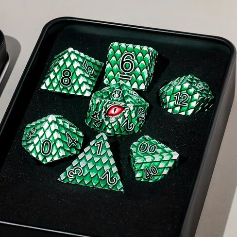 Metal Dice Set D&D,7 PCS Dragon Scale Metallic DND Dice Set,Dragon Eye Metal Dice with Gift Metal Box for Dungeons and Dragon Tabletop Game (Black Dragon Scale & Red Eye) in Saudi Arabia