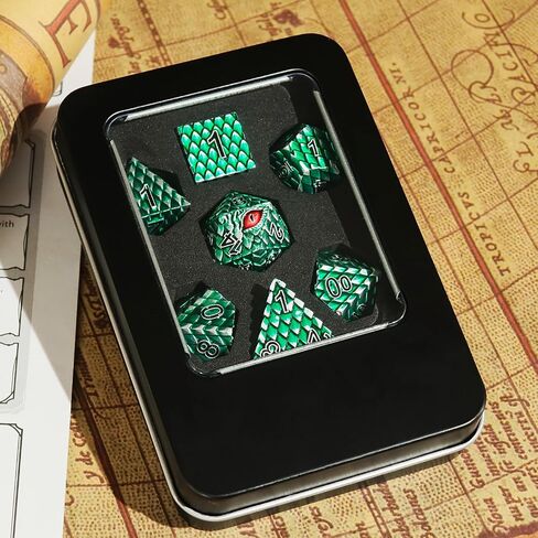 Metal Dice Set D&D,7 PCS Dragon Scale Metallic DND Dice Set,Dragon Eye Metal Dice with Gift Metal Box for Dungeons and Dragon Tabletop Game (Black Dragon Scale & Red Eye) in Saudi Arabia