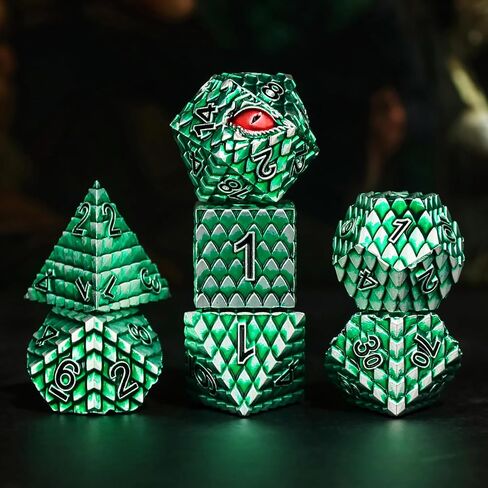 Metal Dice Set D&D,7 PCS Dragon Scale Metallic DND Dice Set,Dragon Eye Metal Dice with Gift Metal Box for Dungeons and Dragon Tabletop Game (Black Dragon Scale & Red Eye) in Saudi Arabia