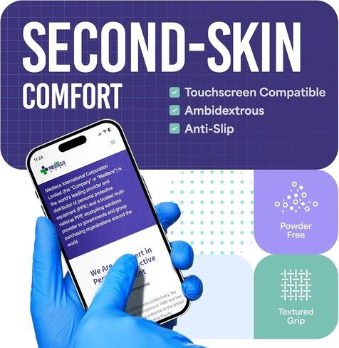 قفازات النتريل من Medtecs خالية من اللاتكس مع حماية مصنفة كيميائيًا وتصميم مسامي - سماكة 4 مل، يمكن استخدامها بكلتا اليدين، خالية من البودرة واستطالة أكثر من 500% - أزرق M (3.7 بوصة × 9.6 بوصة) - 1000 قطعة in Kuwait