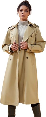 Khaki 3/4 Length Women Trench Turn Down Collar Full Sleeve Casual Women Trench Casual Loose Women Trench in Saudi Arabia