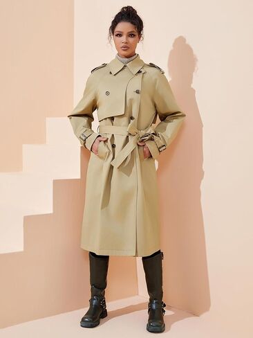 Khaki 3/4 Length Women Trench Turn Down Collar Full Sleeve Casual Women Trench Casual Loose Women Trench in Saudi Arabia