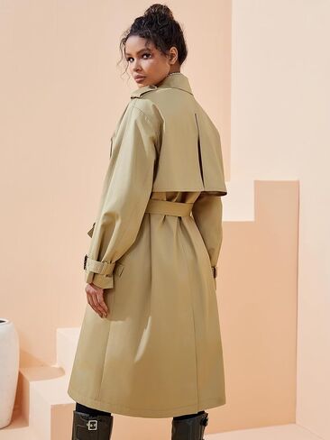 Khaki 3/4 Length Women Trench Turn Down Collar Full Sleeve Casual Women Trench Casual Loose Women Trench in Saudi Arabia