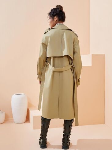 Khaki 3/4 Length Women Trench Turn Down Collar Full Sleeve Casual Women Trench Casual Loose Women Trench in Saudi Arabia