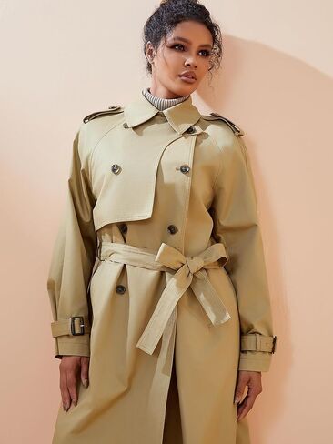 Khaki 3/4 Length Women Trench Turn Down Collar Full Sleeve Casual Women Trench Casual Loose Women Trench in Saudi Arabia