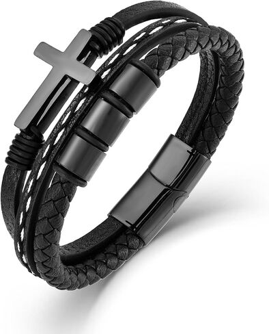 Mens Leather Bracelet Sterling Stainless Cross Religious Bracelets Black Microfiber Leather Cuff Bangle Gift of God's Love in Saudi Arabia