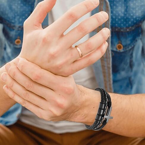 Mens Leather Bracelet Sterling Stainless Cross Religious Bracelets Black Microfiber Leather Cuff Bangle Gift of God's Love in Saudi Arabia