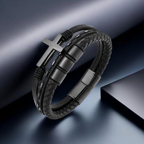 Mens Leather Bracelet Sterling Stainless Cross Religious Bracelets Black Microfiber Leather Cuff Bangle Gift of God's Love in Saudi Arabia