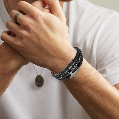 Mens Leather Bracelet Sterling Stainless Cross Religious Bracelets Black Microfiber Leather Cuff Bangle Gift of God's Love in Saudi Arabia