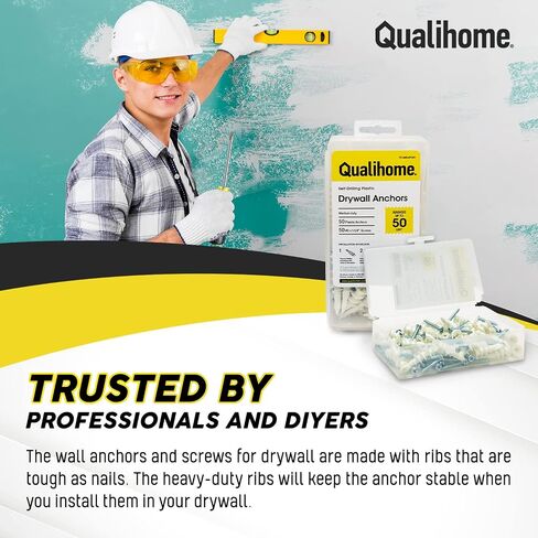 مجموعة أدوات تثبيت ومسامير للجدران الجافة البلاستيكية شديدة التحمل من Qualihome | تتضمن 50 مرساة للجدران الجافة، ومسامير 50#8 1-1/4 بوصة وحقيبة تخزين قابلة لإعادة الاستخدام in Kuwait