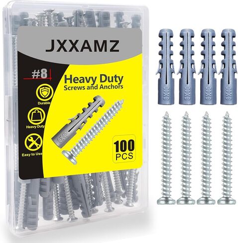 100-Piece 8# Drywall Anchors and Screws Combo Pack - Includes 50 Screws and 50 Plastic Wall Anchors for Sturdy Installation - Heavy Duty Screws and Anchors for Home Improvement in Kuwait