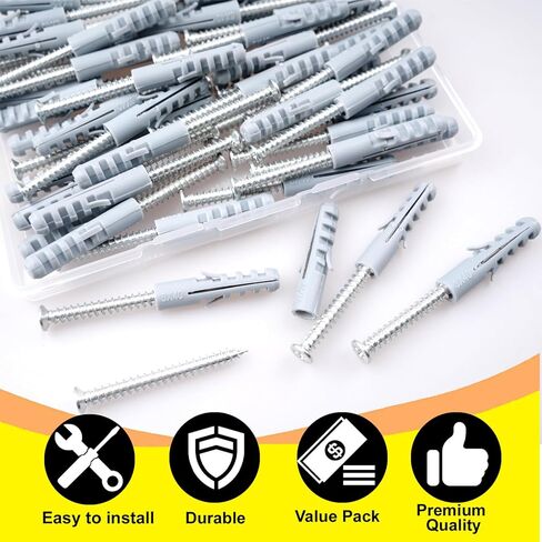 100-Piece 8# Drywall Anchors and Screws Combo Pack - Includes 50 Screws and 50 Plastic Wall Anchors for Sturdy Installation - Heavy Duty Screws and Anchors for Home Improvement in Kuwait