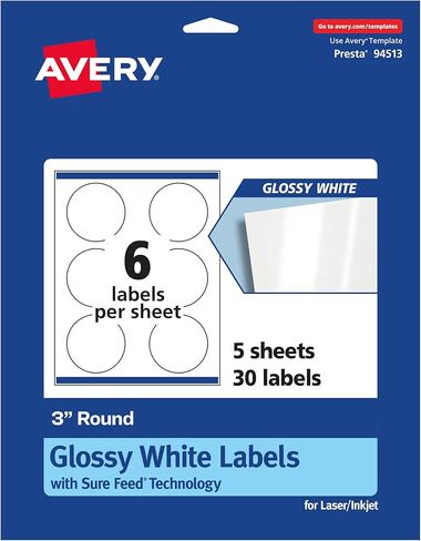 ملصقات مستديرة من Avery مع تغذية مؤكدة، قطر 3 بوصات، 60 ملصقًا أبيض لامعًا (36500) in Saudi Arabia