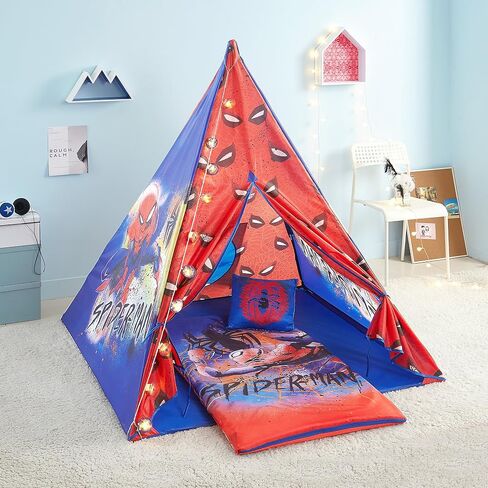 Idea Nuova Spiderman 4 Piece Tee Pee Slumber Set with Pillow and String Lights in Saudi Arabia