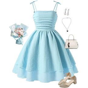 Girls Beachy High Waist Breathable Dress Soft Solid Color Sundress Dance Runched Solid Color in Saudi Arabia
