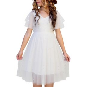 New 1-12Y Girls Tulle Dress Flutter Sleeve Sparkle Dot Soft Cotton Lined Party Summer in Saudi Arabia