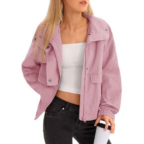 سترة Fisoew النسائية المقصوصة بسحاب وياقة واقفة خفيفة الوزن ونشطة في الهواء الطلق مع جيب in Kuwait