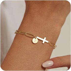 Gold Bracelets for Women,14K Gold-Plated Dainty A-Z Letter Cross Initial Bracelet for Women, Hypoallergenic Paperclip Chain Bracelets Fashion Accessories Religious Christian Gift in Saudi Arabia