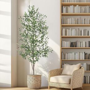 Artificial Olive Tree with White Pot,6FT high, Fake Tree containing 1440 Dense Leaves and 80 Highly Simulated Olive Fruits, Suitable for Home Office Living Room Floor Decoration in Kuwait