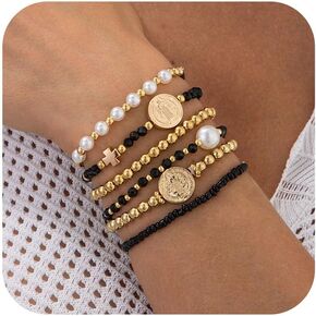 HUASAI 14K Gold Beaded Bracelets for Women Trendy Non Tarnish Gold Bracelet Stack Jewelry Sets Paperclip Cross Pearl Bracelets Set Stackable Jewelry for Birthday Christmas Gifts 2024 in Kuwait
