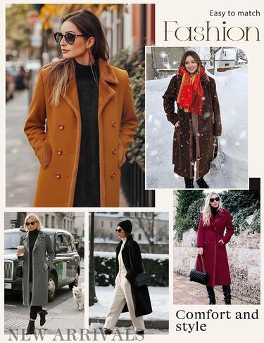 Women's Winter Coats Warm Double Breasted Pea Coat Lapel Collar Trench Coat Long Thick Slim Fit Outwear in Saudi Arabia